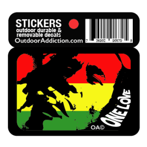 Bob Marley "One Love" 2.5 x 2 inches cell phone sticker Mark your cell phone or any other item with these great designs sized perfectly for items like computers especially cell phones but works bigger items like your car too! Dimensions: 2.5" x 1.5 inch -printed vinyl Outdoor durable and ultra removable Waterproof